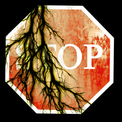 Stop sign with entangled roots