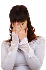 upset woman in white blouse isolated on white