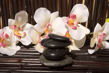 Fototapeta na wymiar Masaż kamieniami i storczyków kwiaty na bambus