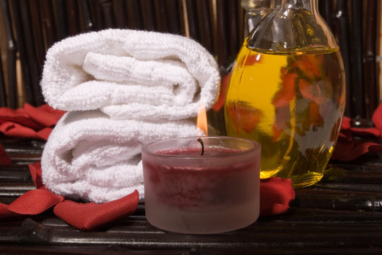 Essential body massage oils in bottles