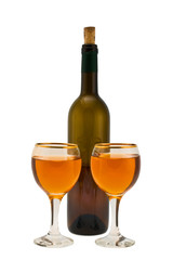Bottle of wine  and two filled glasses