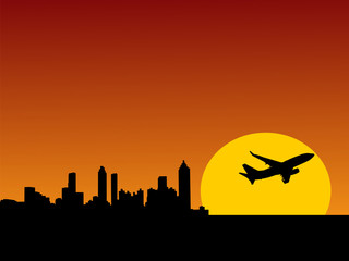 plane taking off from Atlanta at sunset illustration
