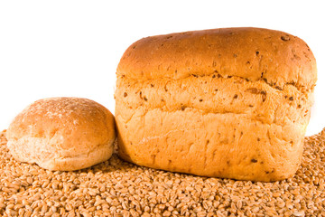 Brown Loaf, Roll and Wheat Grains