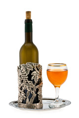 Bottle of wine  and two filled glasses