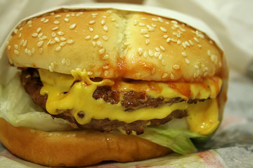 A messy double cheese burger oozing with melted cheese