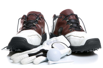 Golf shoes,Ball,Glove and Tee. High key shot. - obrazy, fototapety, plakaty