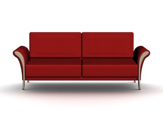 Red leather sofa. An interior. 3D image.