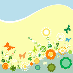 springtime landscape with butterflies and flowers