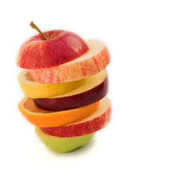 Sliced fruits (lemon, orange & apple) isolated on white.