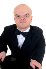 Little man, dwarf in a formal suit with bow tie, studio shot, 