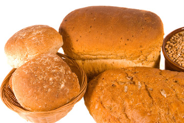 Rols in Basket, Loaves and Bowl of Wheat