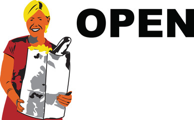 Women with shoping bag beside "open" sign