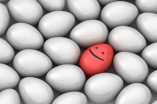 red smiling easter egg among similar white eggs