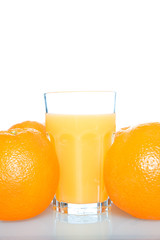 A shot of oranges and a glass of orange juice