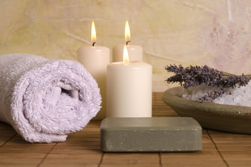 Fototapeta na wymiar aromatherapy. lavender bath items