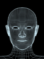 Head of the person from a blue 3d grid