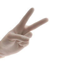 sign, hand of doctor in glove, isolated, victory