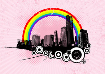 Retro city with rainbow on pink background. Vector art.