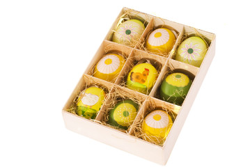 wooden box with colored easter eggs