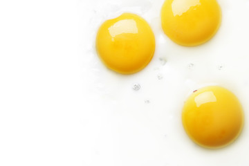 Three fried eggs close-up with space for text on left