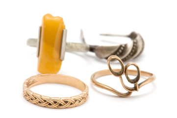 object on white - Golden ring with amber