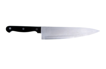Large chef's knife and sharpening steel on white