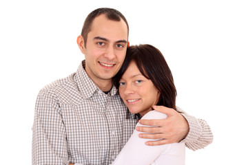 happy couple - woman and man 25-30 years old isolated on white