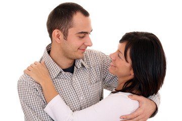 happy couple - woman and man 25-30 years old isolated on white