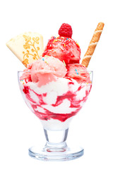 Strawberry ice cream isolated on white background. Shallow DOF