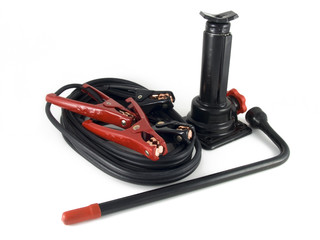 car jack lug wrench and jumper cable