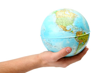 globe in hand on white background