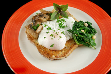 Poached egg breakfast with blanched spinach and pine nuts 