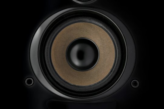Mid-range speaker, close-up, isolated on black, low key