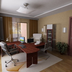 Luxury home office with a hardwood desk.
