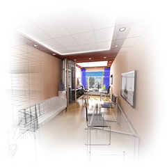 3d wireframe modern office design. Isolate. Fade to white