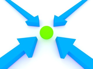 Arrows pionting a ball. Rendered image.