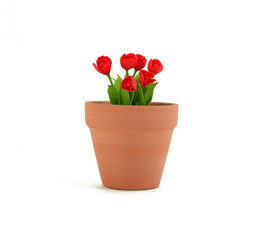 Fototapeta na wymiar Red Tulips in Terracotta Flowerpot