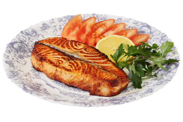 Grilled salmon on the plate with vegetable on white background