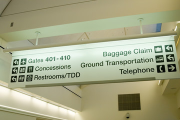 Direction signs in an airport terminal for travelers