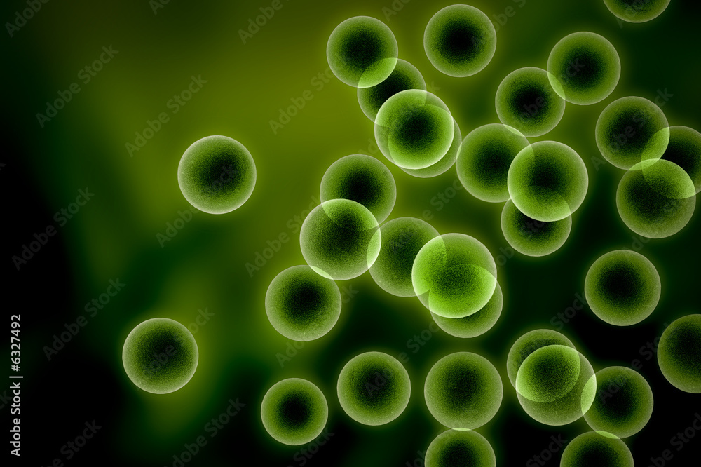 Wall mural spawn - numerous glowing, translucent green spheres, resembling cells or microscopic organisms dispe