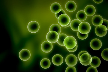 Spawn - numerous glowing, translucent green spheres, resembling cells or microscopic organisms dispersed throughout the image, creating a sense of dynamism and life.