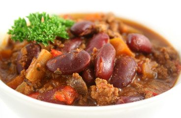 Colorful and spicy chili con carne ready to serve.