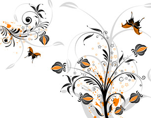 Grunge flower background with circle and butterfly, vector