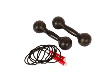 Sports accessories: skipping-rope and dumbbells