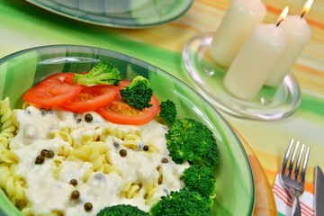 Pasta and sauce of pepper with of broccoli