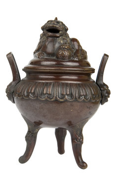 Ancient bronze incense burner with Foo Dog on lid