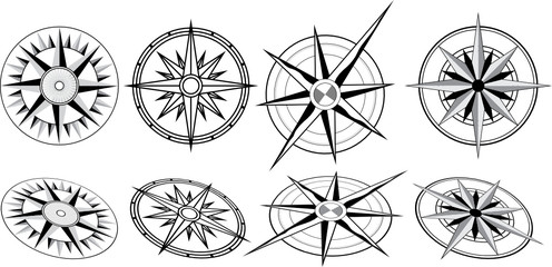 Four compasses, each with two variations in perspective