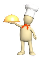 3d puppet - cook, holding in a hand a golden dish