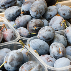 A fruit stand with plums for sale.