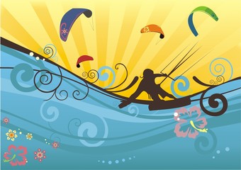 beach background with kitesurfers
